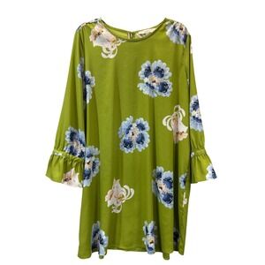 LOFT Shift Dress Women XLP Green Floral Blue Bell Sleeve Bow Detail Mini